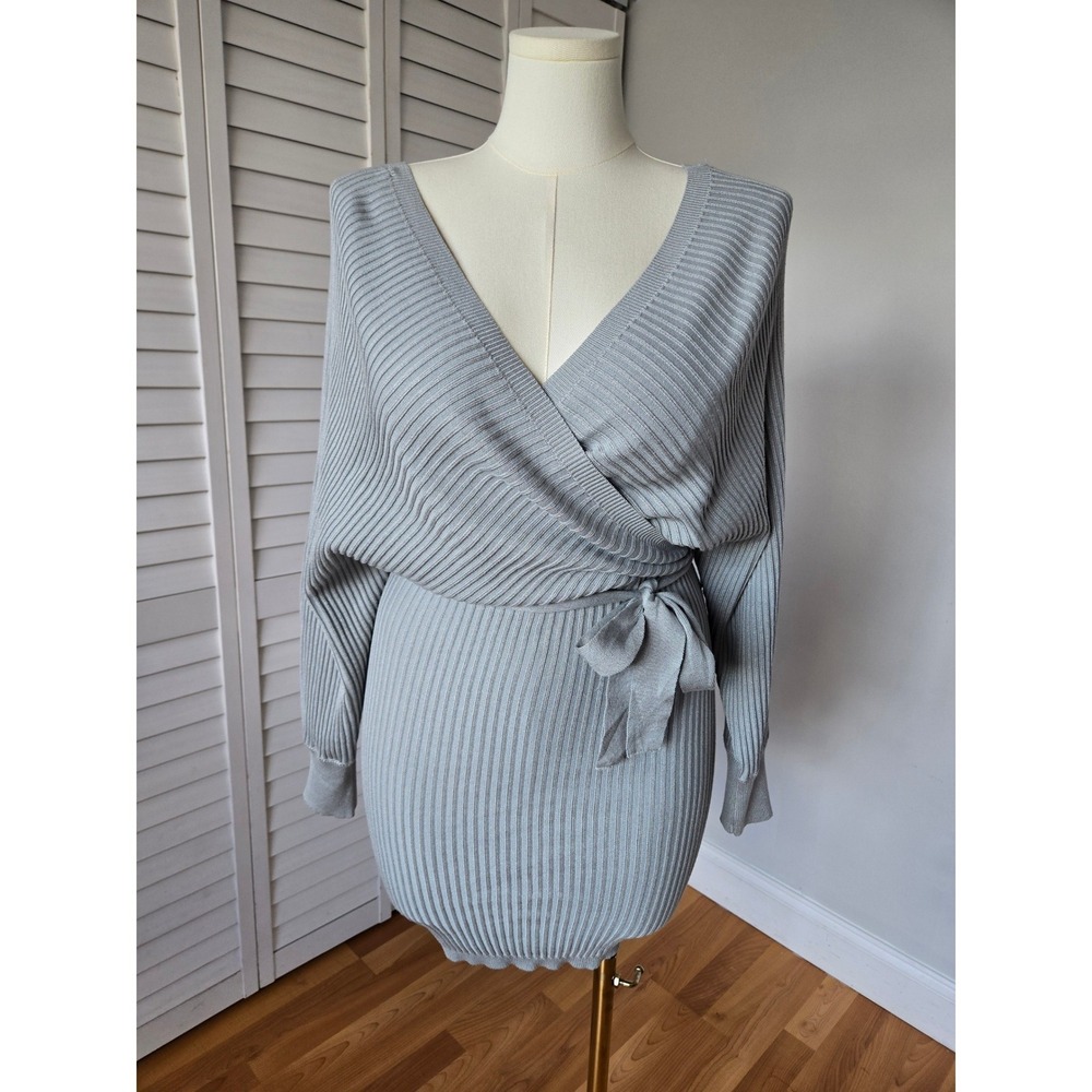 Love Tree Silver Gray Rib Knit Wrap Sweater Dress Size L Cozy Chic Minimalist - Picture 2 of 9